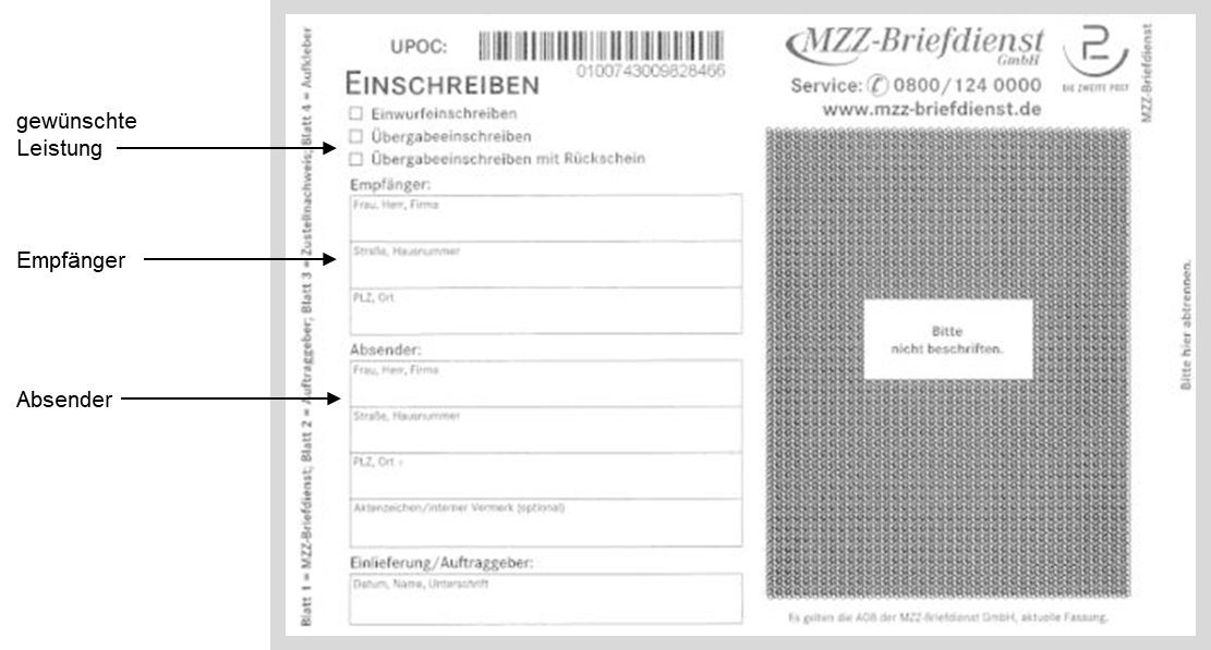 Einschreiben Privater Postdienstleister MZZBriefdienst